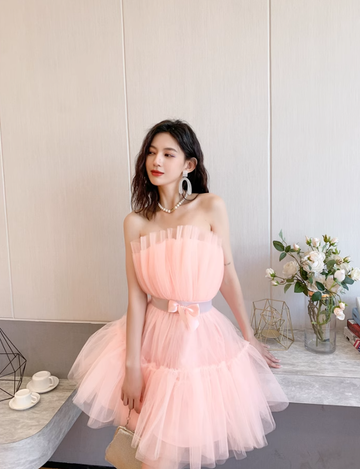 Pink A Line Strapless Tulle Short Outfit Party Dress Homecoming Dress Birthday Dress HZ1023